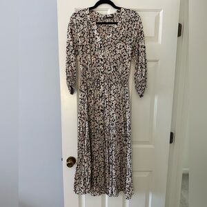 3/4 Sleeve Cinch-Waist Dress, Black/White/Red Floral Print